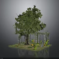 Natural Outdoor Garden Scene With Large Tree Stone Pillars Grass And Small Plants