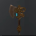 Steampunk Axe Mechanical Design With Brass Gears Copper Pipes And Blue Glowing Element