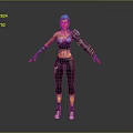 Blue Haired Female Character With Mechanical Arm Blue Top Black Pants And Sneakers