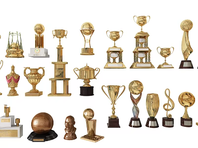 Golden Trophies and Medals Collection With Various Designs and Award Styles 3d model