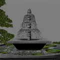 Elegant Garden Ornament With Tiered Fountain Pine Tree Water Pool Water Lily Leaves And Pebbles