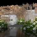 Contemporary Exhibition Display With Wooden Stick Structure Green Plants White Flowers Models And Water Reflection