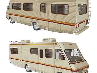 Vintage Beige Striped RV Exterior Featuring Windows And Roof Equipment Details 3d model
