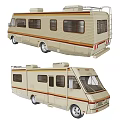 Vintage Beige Striped RV Exterior Featuring Windows And Roof Equipment Details