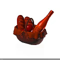 Wicker Basket Containing Fresh Bread Red Apple And Red Bottle For Food