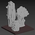 Abstract Sculptures With Stacked Layered Design And White Carved Structures On Brown Base