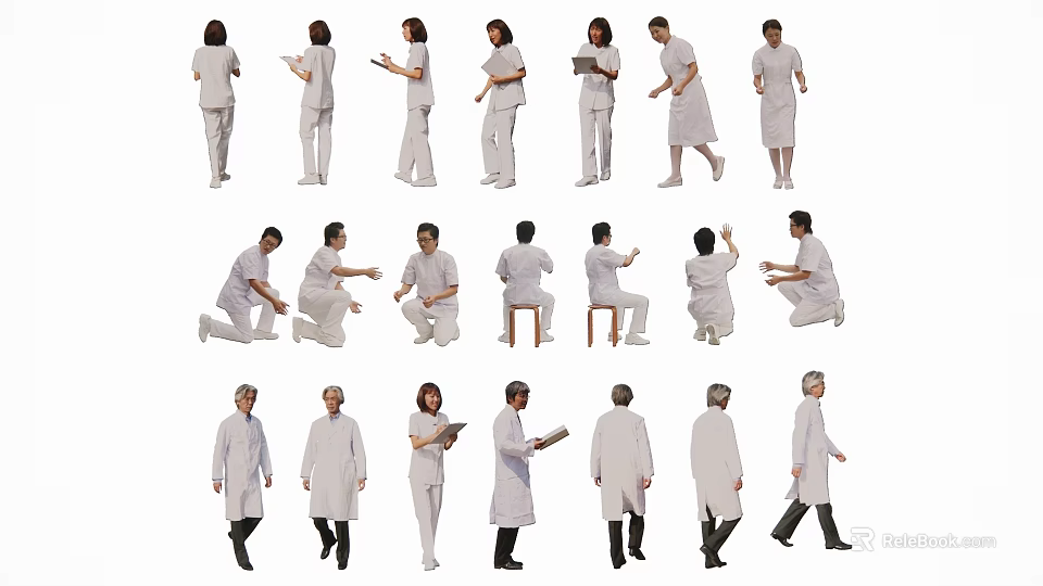 Group of People in White Uniforms with Various Poses Standing Sitting Walking and Holding Documents 3d model 