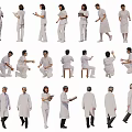 Group of People in White Uniforms with Various Poses Standing Sitting Walking and Holding Documents