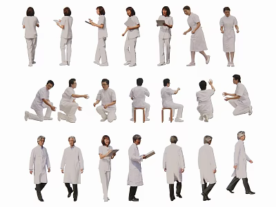 Group of People in White Uniforms with Various Poses Standing Sitting Walking and Holding Documents 3d model
