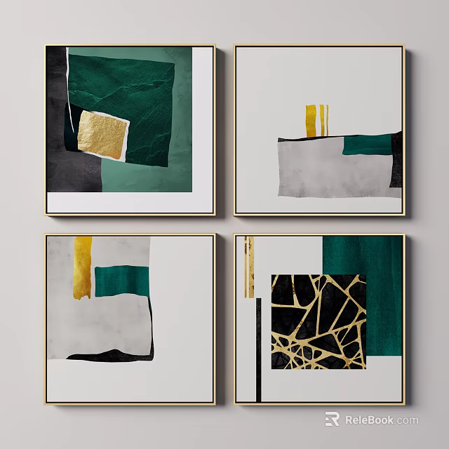 Contemporary Abstract Wall Art Featuring Green Gold Geometric Patterns And White Background 3d model