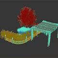 Garden Scene With Pink Flower Tree Purple Flowers Wooden Pergola And Woven Fence
