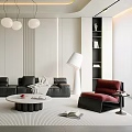 Modern Minimalist Living Room With Black L Shaped Sofa Red Armchair Round Coffee Table And Pendant Lights