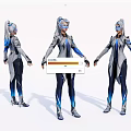 Game And Movie Character In Futuristic Gray Blue Outfit With Silver Details And White Hair