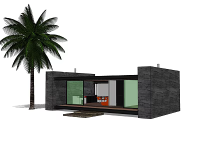 Modern Low Rise House Exterior With Palm Tree Glass Windows And Wooden Entrance 3d model