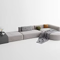 Modern Light Gray Sectional Sofa With Side Table Lamp Checkered Green Brown Cushions Throw Blanket 3d model