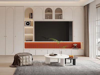 Modern Living Room With White Cabinets TV Wall Orange Trim Coffee Table And Green Plant 3d model