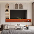 Modern Living Room With White Cabinets TV Wall Orange Trim Coffee Table And Green Plant