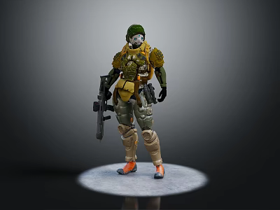 Game Movie Character Wearing Green Helmet and Yellow Armor Holding Weapon Standing on White Platform 3d model