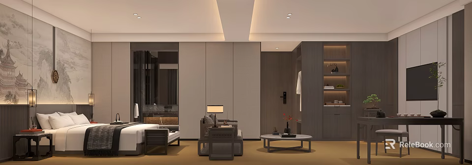 Modern Hotel Room Interior Design With Bed Sofa Coffee Table And Wardrobe 3d model