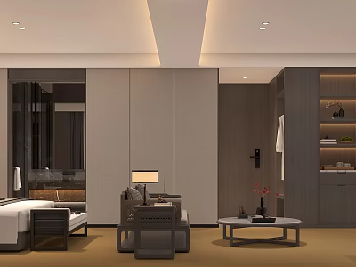 Modern Hotel Room Interior Design With Bed Sofa Coffee Table And Wardrobe 3d model