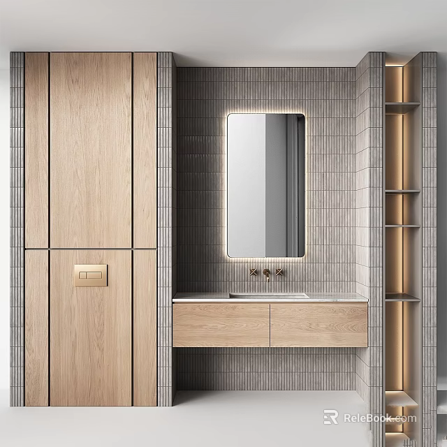 Modern Washbasin Area with Wooden Cabinet Gray Tile Wall Mirror and Gold Shelf 3d model 