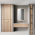 Modern Washbasin Area with Wooden Cabinet Gray Tile Wall Mirror and Gold Shelf