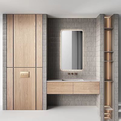 Modern Washbasin Area with Wooden Cabinet Gray Tile Wall Mirror and Gold Shelf 3d model