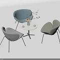 Modern Table and Chair Set with Blue Gray Green Chairs Black Legs and Vase Flowers