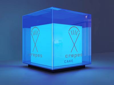 Public Facility Blue Transparent Cube With Illuminated Sign Featuring Crepes CAKE And Fan Shaped Design 3d model