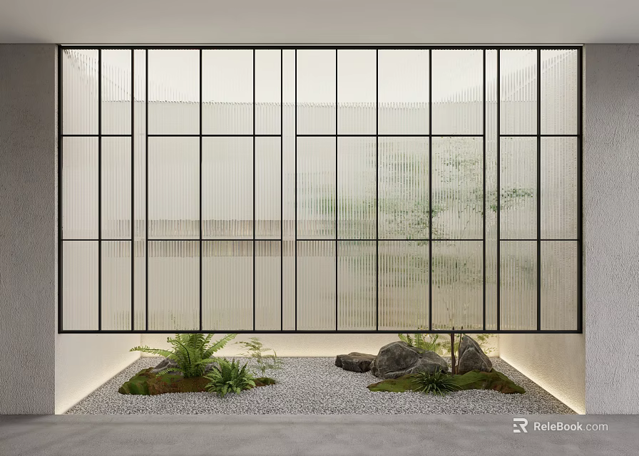 Modern Glass Grid Partition Design With Indoor Plants Stones And Soft Lighting 3d model 