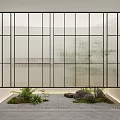 Modern Glass Grid Partition Design With Indoor Plants Stones And Soft Lighting