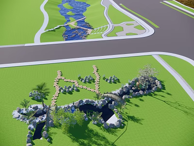 Park Landscape With Green Lawn Water Feature Stone Pathway Small Bridge And Plants 3d model