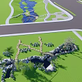 Park Landscape With Green Lawn Water Feature Stone Pathway Small Bridge And Plants