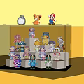 Transparent Display Case Holding Multiple Cartoon Figures With Various Designs Different Colors And Yellow Background
