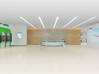 Modern Bank Lobby Interior With Spacious Design Service Counter And Self Service Kiosks 3d model
