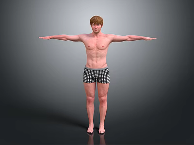Shirtless Man in Black and White Checkered Shorts with Arms Outstretched Against Gray Background 3d model