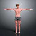 Shirtless Man in Black and White Checkered Shorts with Arms Outstretched Against Gray Background