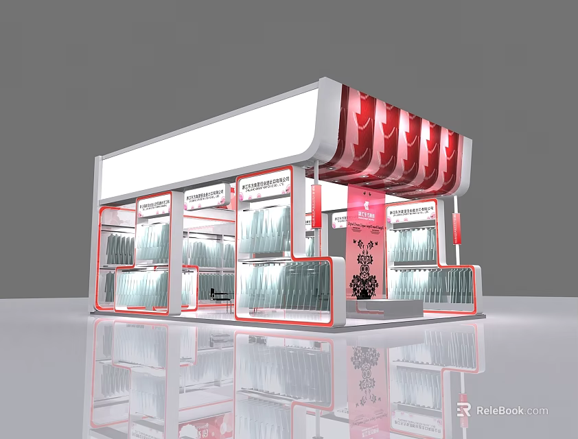 Modern Exhibition Booth With White Red Design Glass Display Cabinets Striped Awning And Reflective Floor 3d model 