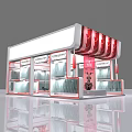 Modern Exhibition Booth With White Red Design Glass Display Cabinets Striped Awning And Reflective Floor