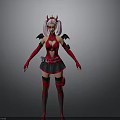 Woman In Red And Black Outfit With Pink Hair Red Horns And Black Wings