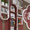 Modern Study Room With Red Brown Striped Walls And White Bookcases With Books And Decorations