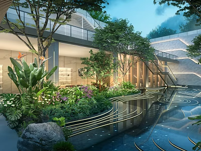 Garden Landscape Design Featuring Lush Green Plants Curved Water Pool Modern Building And Natural Rocks 3d model