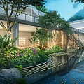 Garden Landscape Design Featuring Lush Green Plants Curved Water Pool Modern Building And Natural Rocks