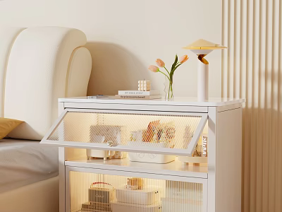 Minimalist Modern Bedroom with White Cabinet Open Shelves Vase Tulips and Lamp Beside Soft Bed 3d model