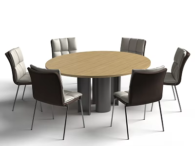 Modern Round Wooden Dining Table Set With Leather Chairs And Metal Legs 3d model