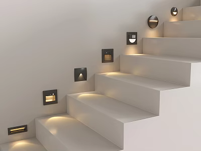 Modern Recessed Wall Lamps Illuminating White Staircase Steps With Soft Light 3d model