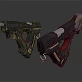 Futuristic Sci Fi Pistols With Black Body Red Grips And Silver Green Details