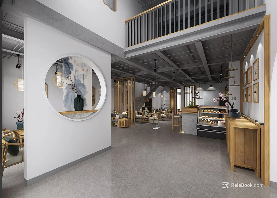 Modern Chinese Restaurant Interior Design Featuring Circular Window Wooden Elements Open Space And Bakery 3d model 