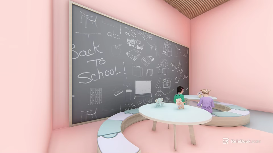 Garden Ornaments In Classroom With Back to School Blackboard And Students 3d model 