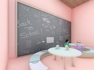Garden Ornaments In Classroom With Back to School Blackboard And Students 3d model